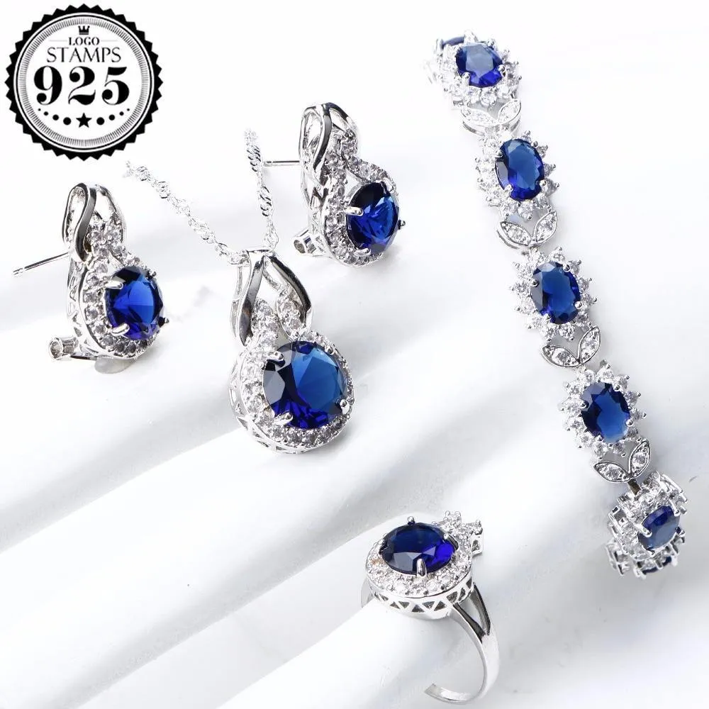 925 Sterling Silver Blue AAA  CZ Stones Bridal Wedding Jewelry Set For Women Bracelet Earrings Ring Necklace