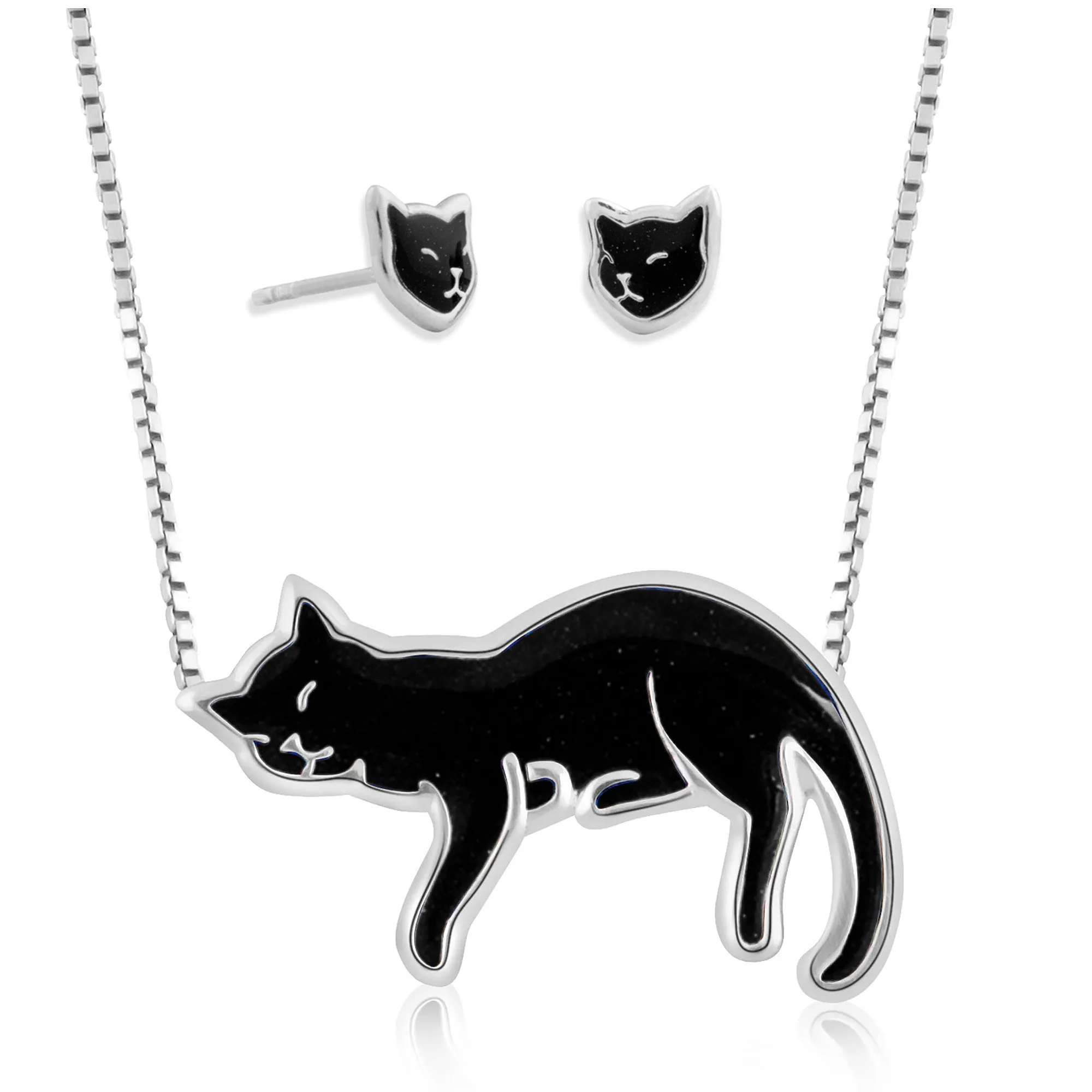 925 Sterling Silver Cat Necklace and Earrings Set Handcrafted Pendant