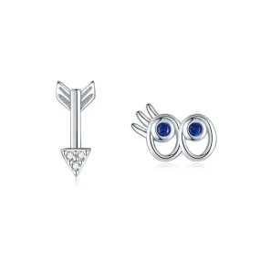 925 Sterling Silver Hollow Big Eyes Eyelash Arrow Asymmetric Earrings