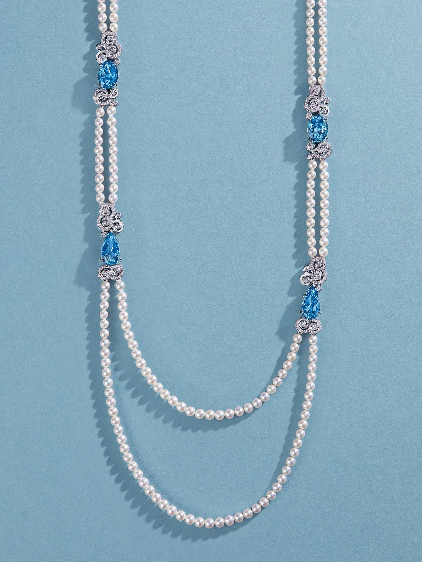 A Family Journey Geneva Aquamarine Pearl Platinum Necklace