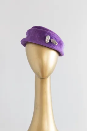 Adorable 1960's Violet Fur Felt Cocktail Hat With Rhinestones