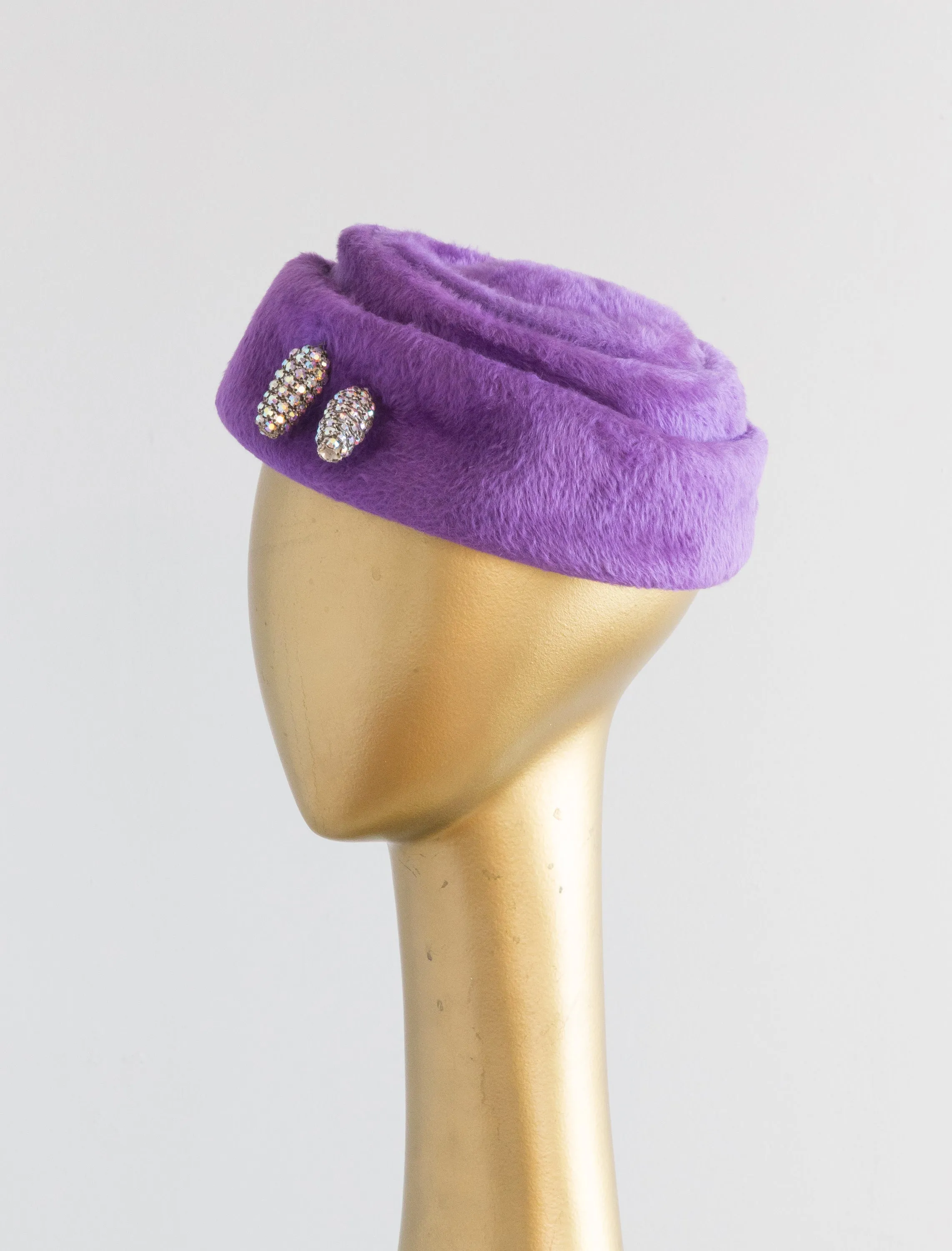 Adorable 1960's Violet Fur Felt Cocktail Hat With Rhinestones