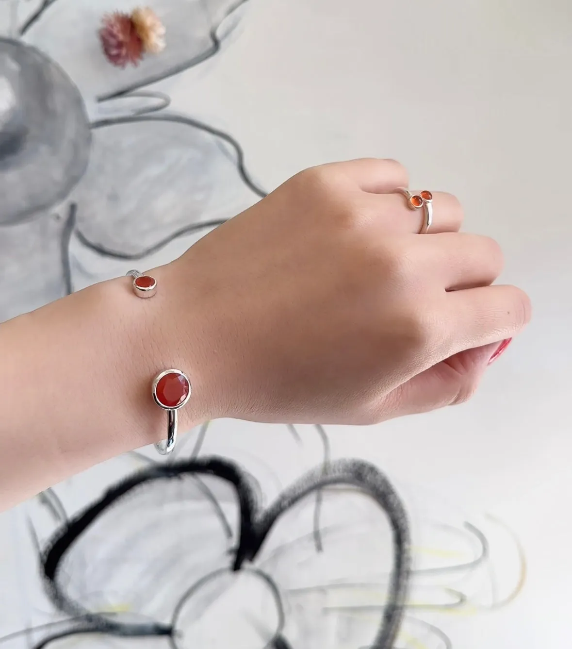 Amare Wear Carnelian Silver Handcuff Bracelet