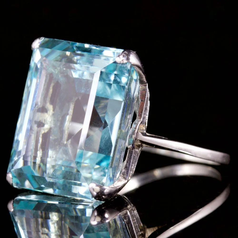 Antique Art Deco Large Aquamarine Ring 18Ct White Gold Circa 1920