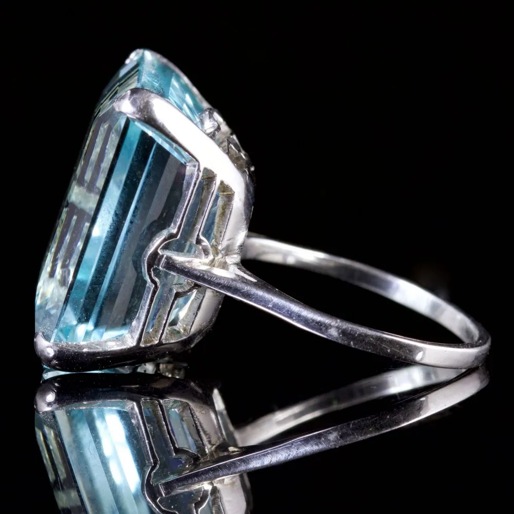 Antique Art Deco Large Aquamarine Ring 18Ct White Gold Circa 1920