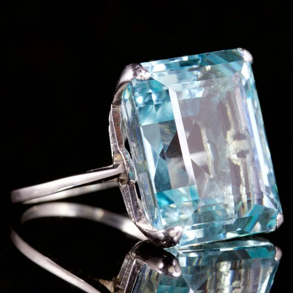 Antique Art Deco Large Aquamarine Ring 18Ct White Gold Circa 1920