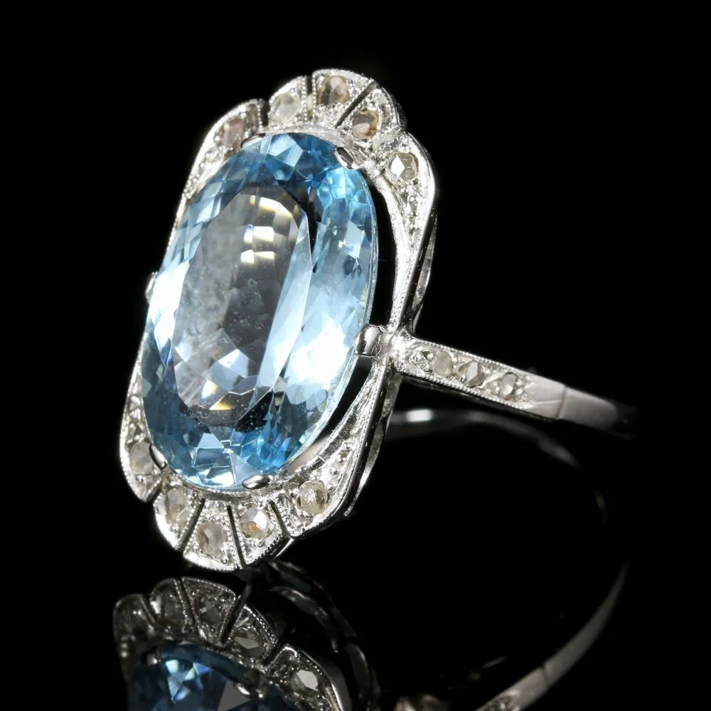 Antique Edwardian Aquamarine Rose Cut Diamond Ring 7.80Ct Aquamarine 18Ct White Gold