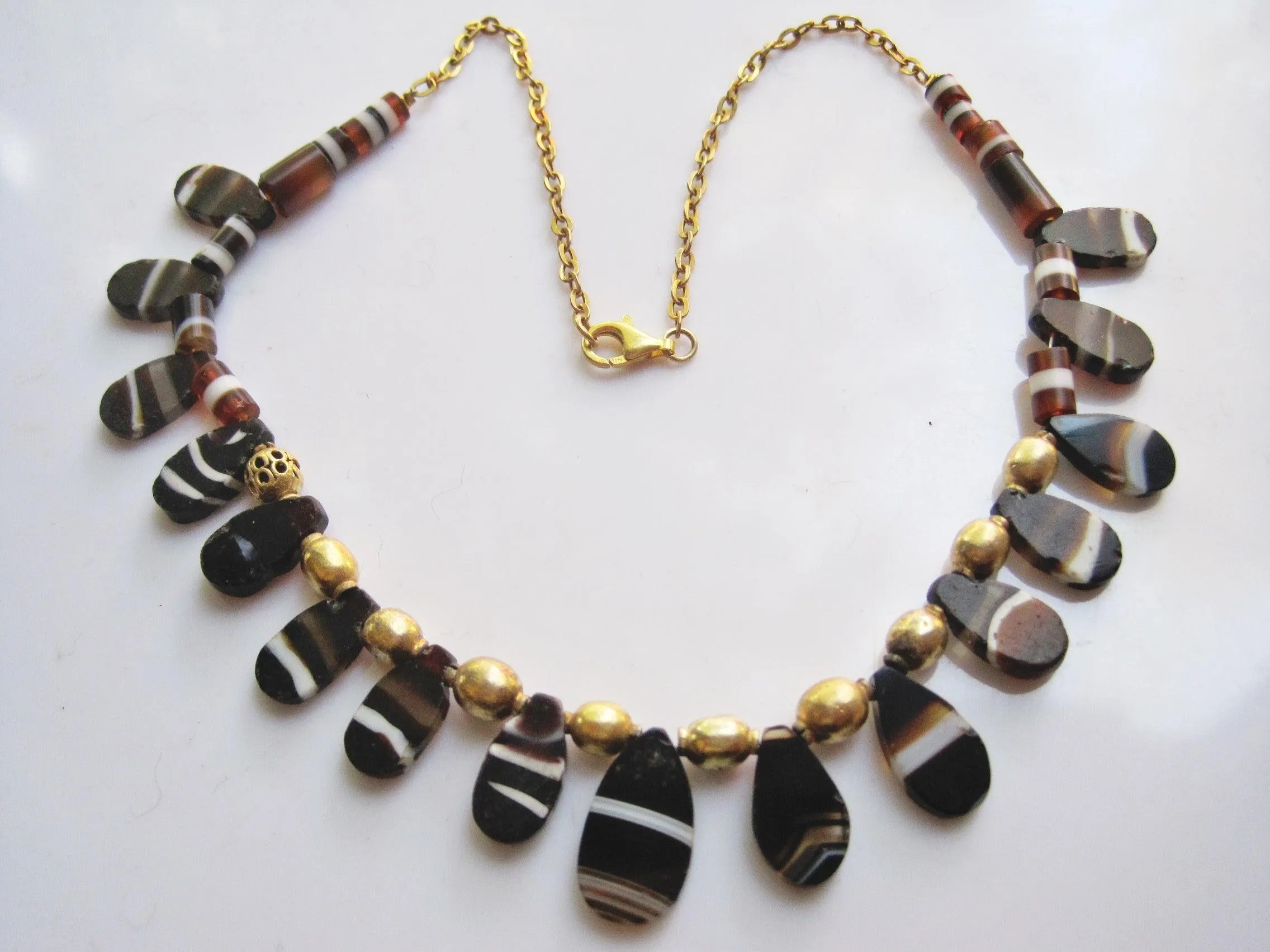 Antique Saudi Necklace with Banded Agate and Gold Gilt Silver Beads