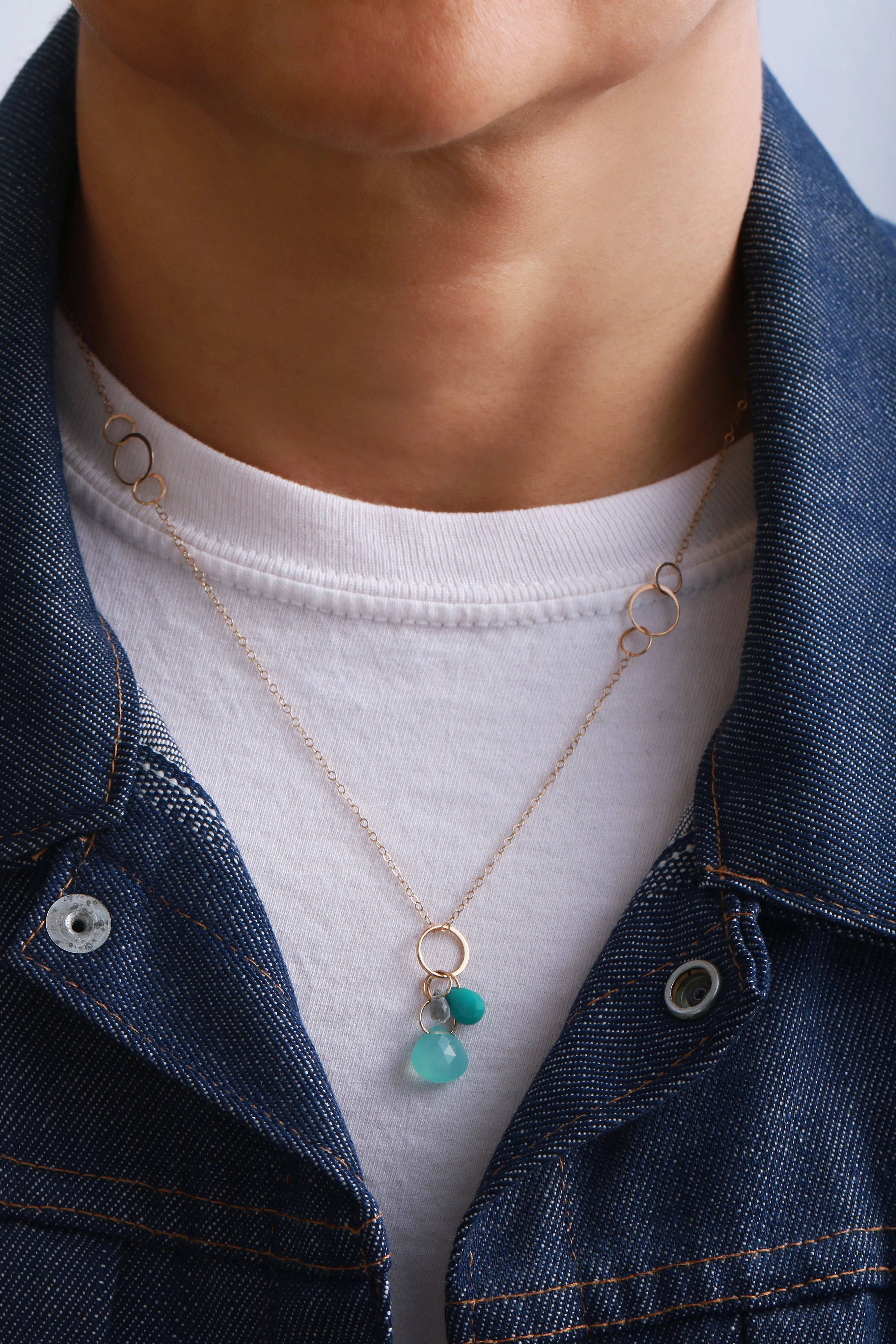 Aqua, Turquoise and Green Chalcedony Drop Pendant Necklace