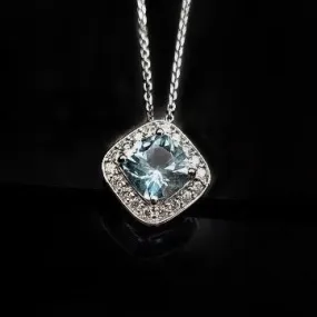 Aquamarine & Diamond Birthstone Necklace Cushion Cut