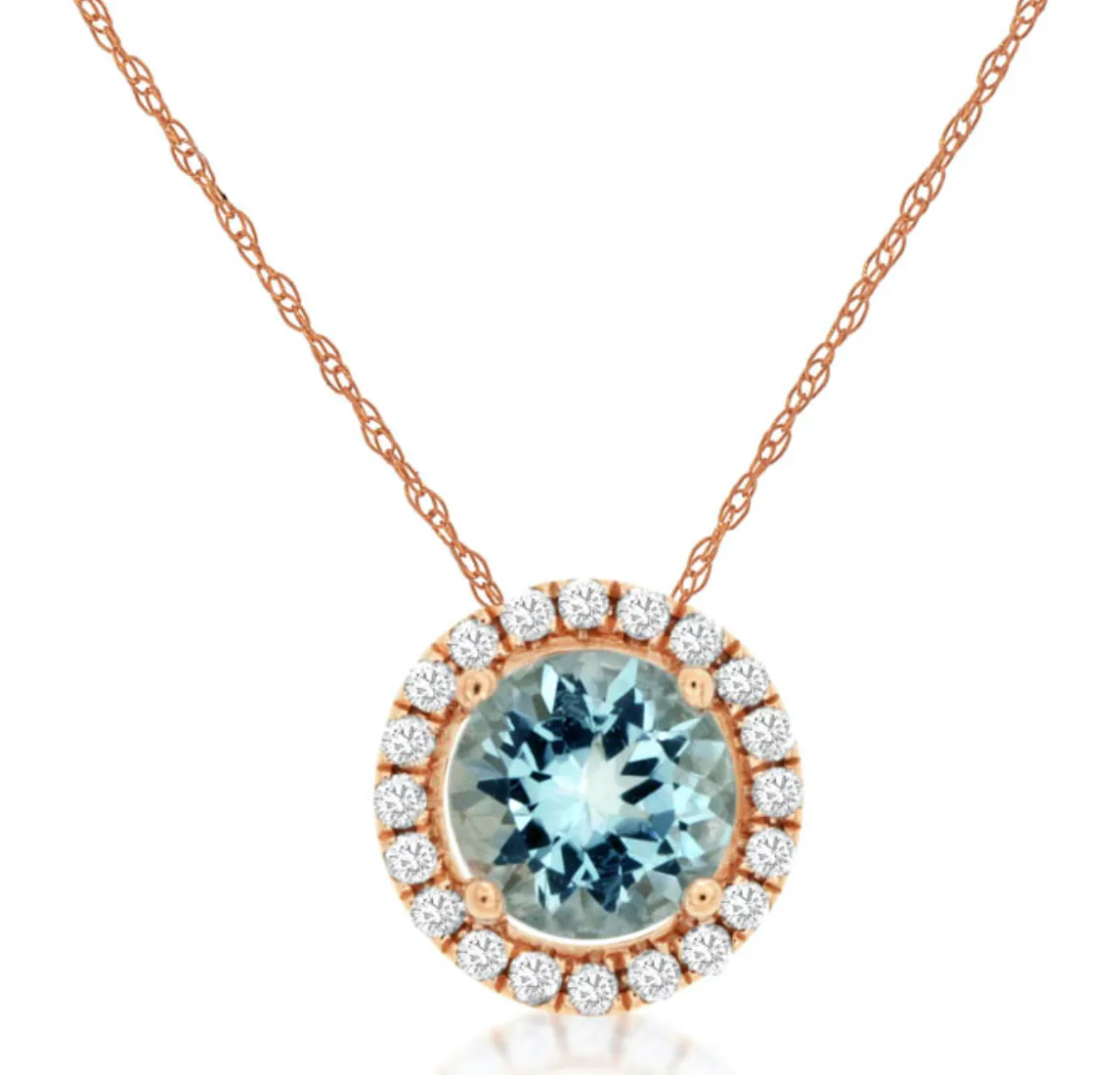 Aquamarine & Diamond Halo Pendant in 14kt Rose Gold