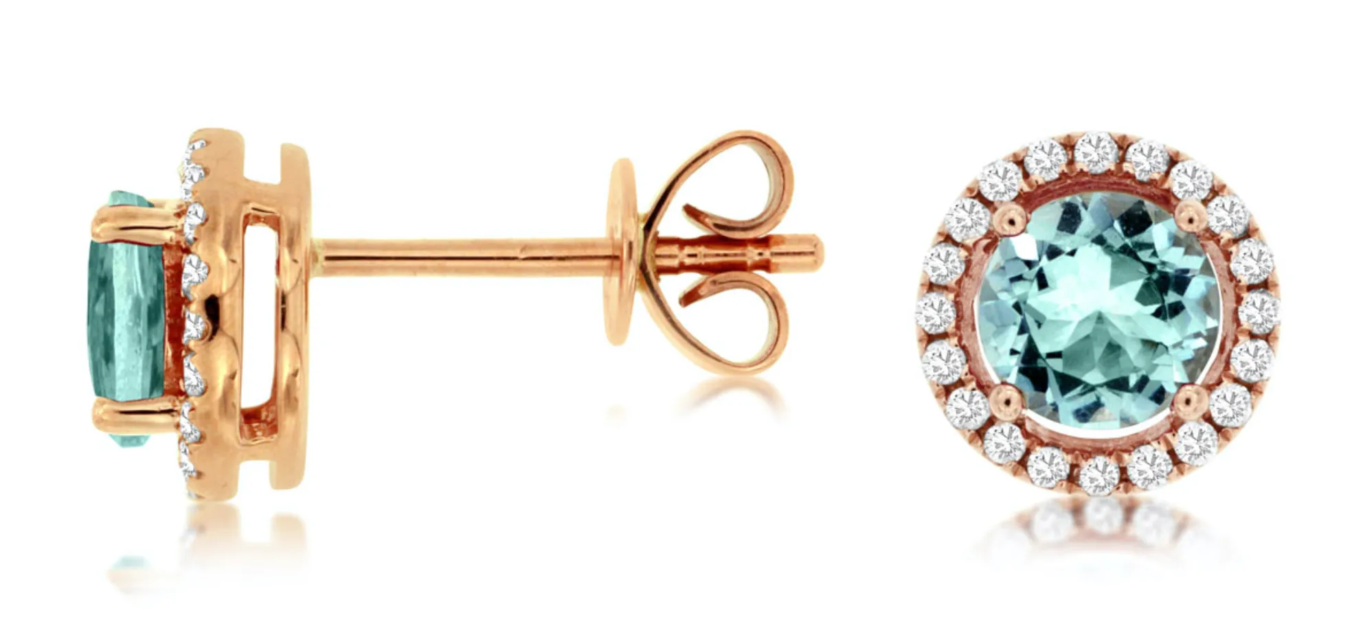 Aquamarine & Diamond Halo Stud Earrings in 14kt Rose Gold