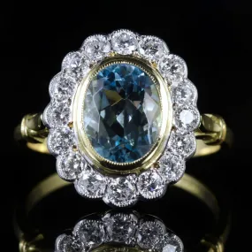 Aquamarine Diamond Cluster Ring 18Ct Gold