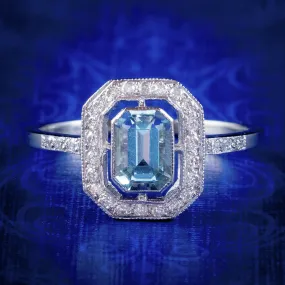 Aquamarine Diamond Cluster Ring Platinum 1.25ct Aqua