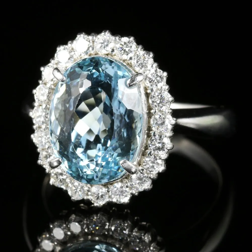 Aquamarine Diamond Cluster Ring Platinum 5.17Ct Aquamarine