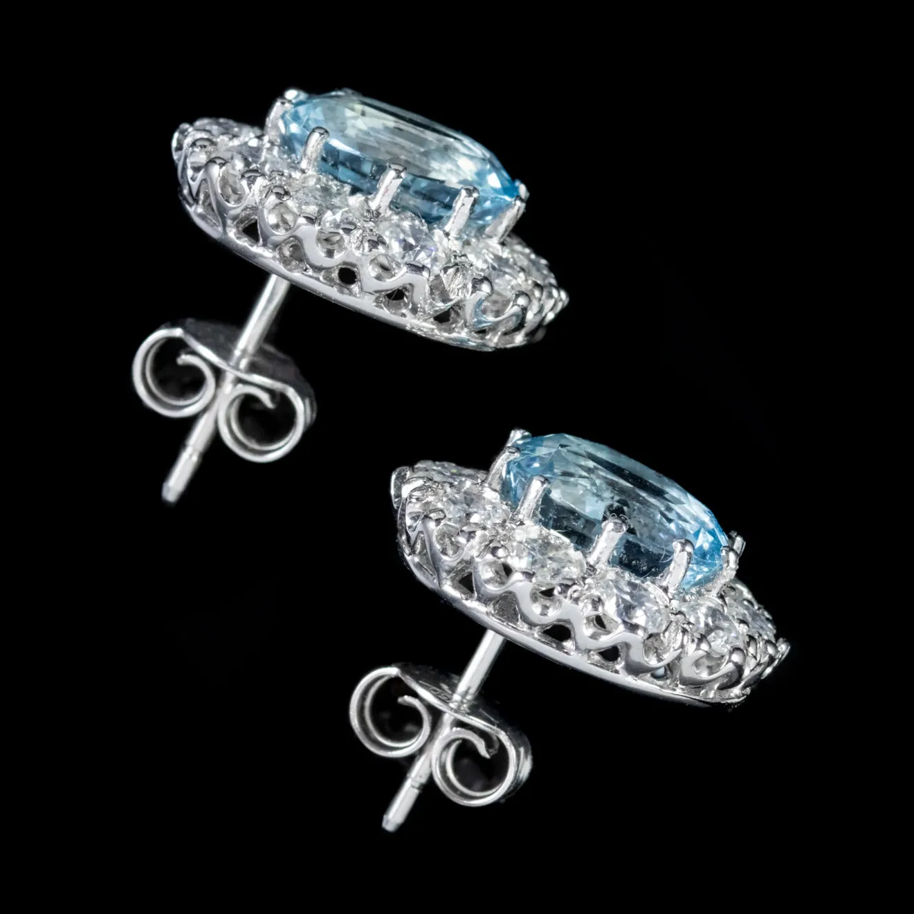 Aquamarine Diamond Cluster Stud Earrings 18Ct Gold 3.78Ct Aquamarine 1.50Ct Diamond