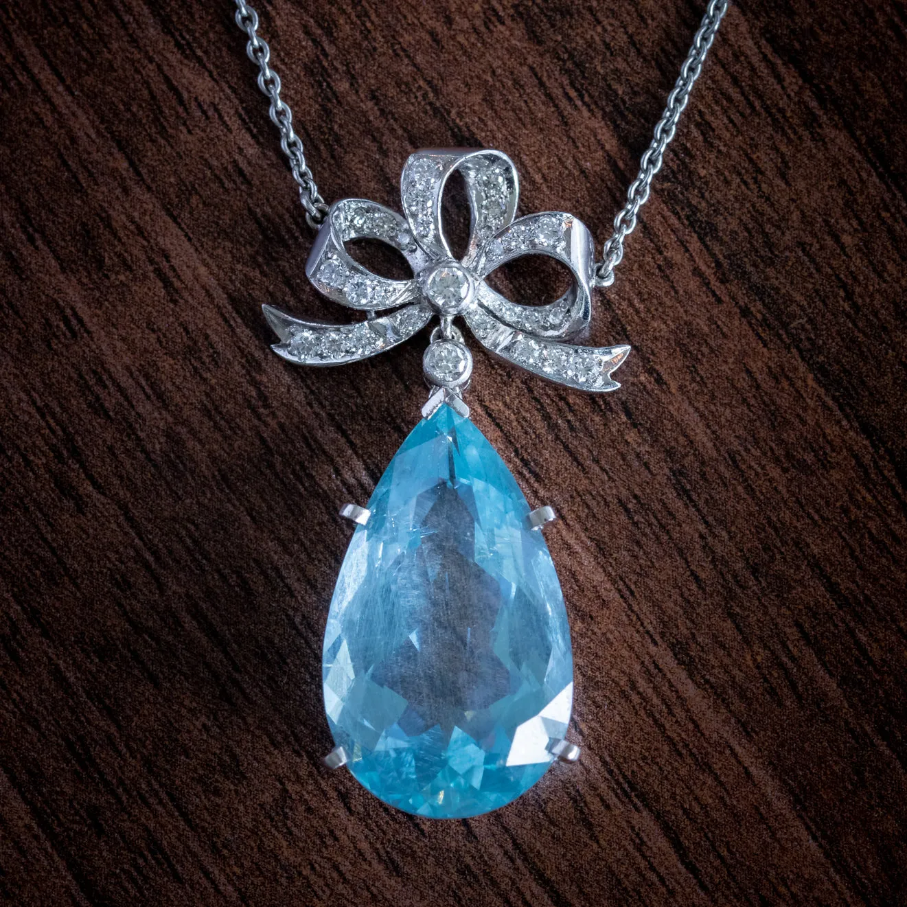 Aquamarine Diamond Pendant Lavaliere Necklace Platinum 20Ct Pear Cut Aqua