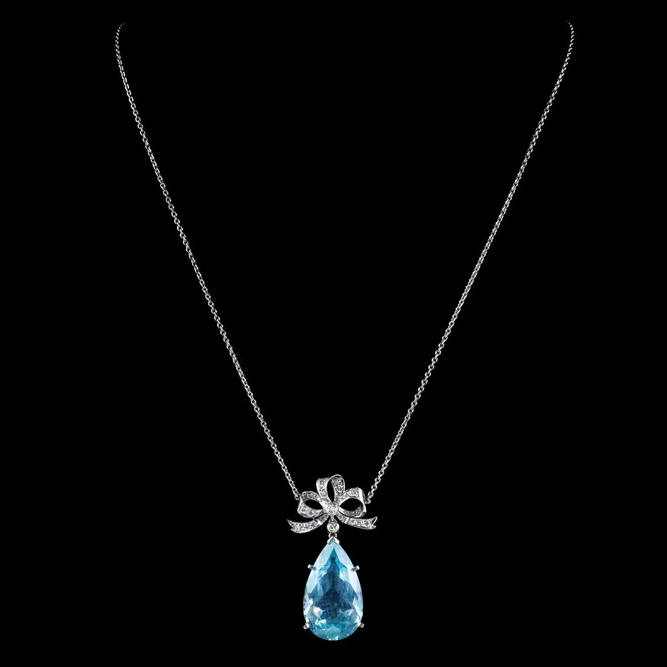 Aquamarine Diamond Pendant Lavaliere Necklace Platinum 20Ct Pear Cut Aqua