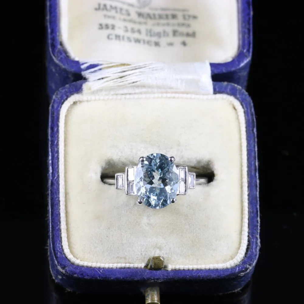 Aquamarine Diamond Ring 18Ct Gold 3.5Ct Aquamarine Baguette Cut Diamonds