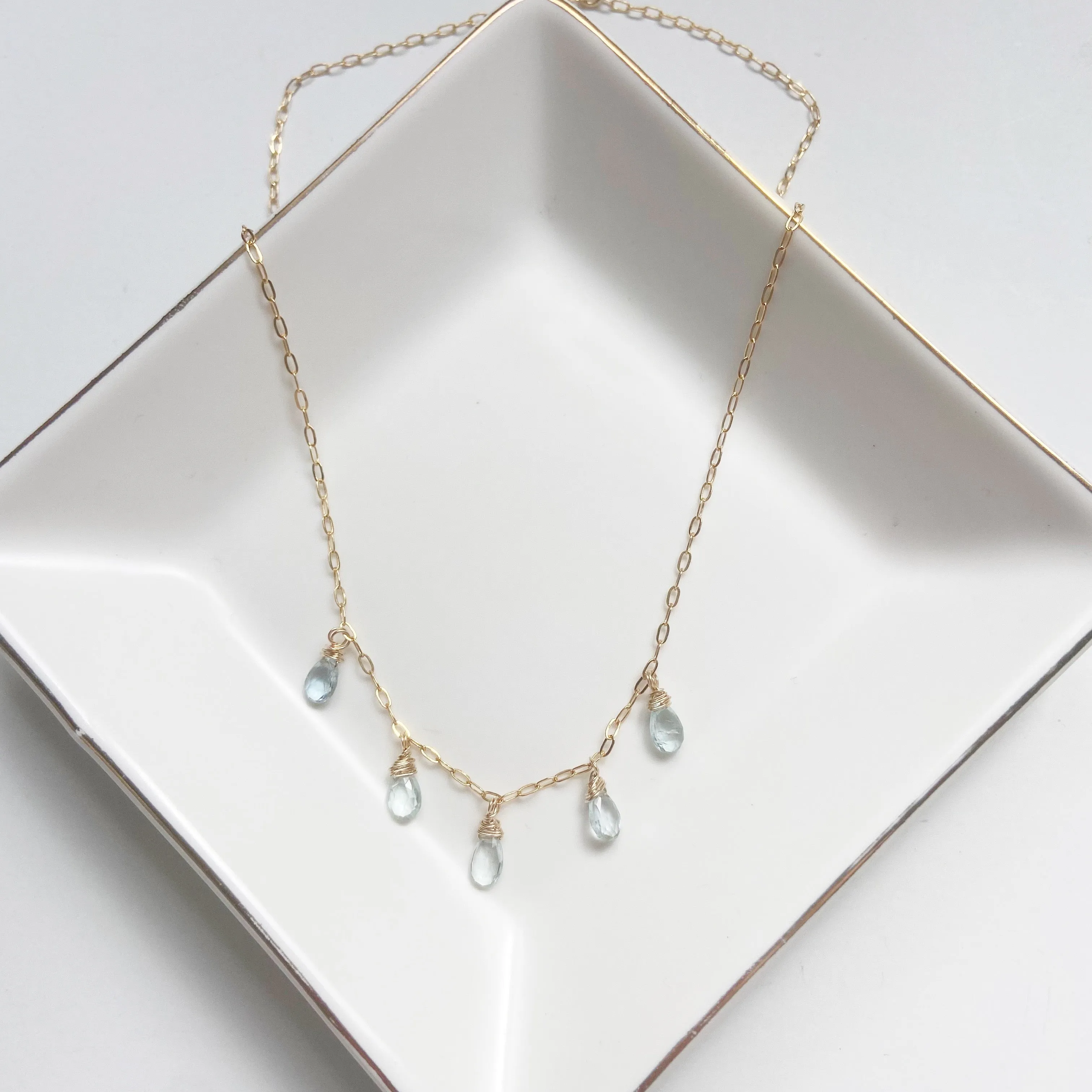 Aquamarine Teardrop Dangle Necklace in Gold or Silver (16 inches)