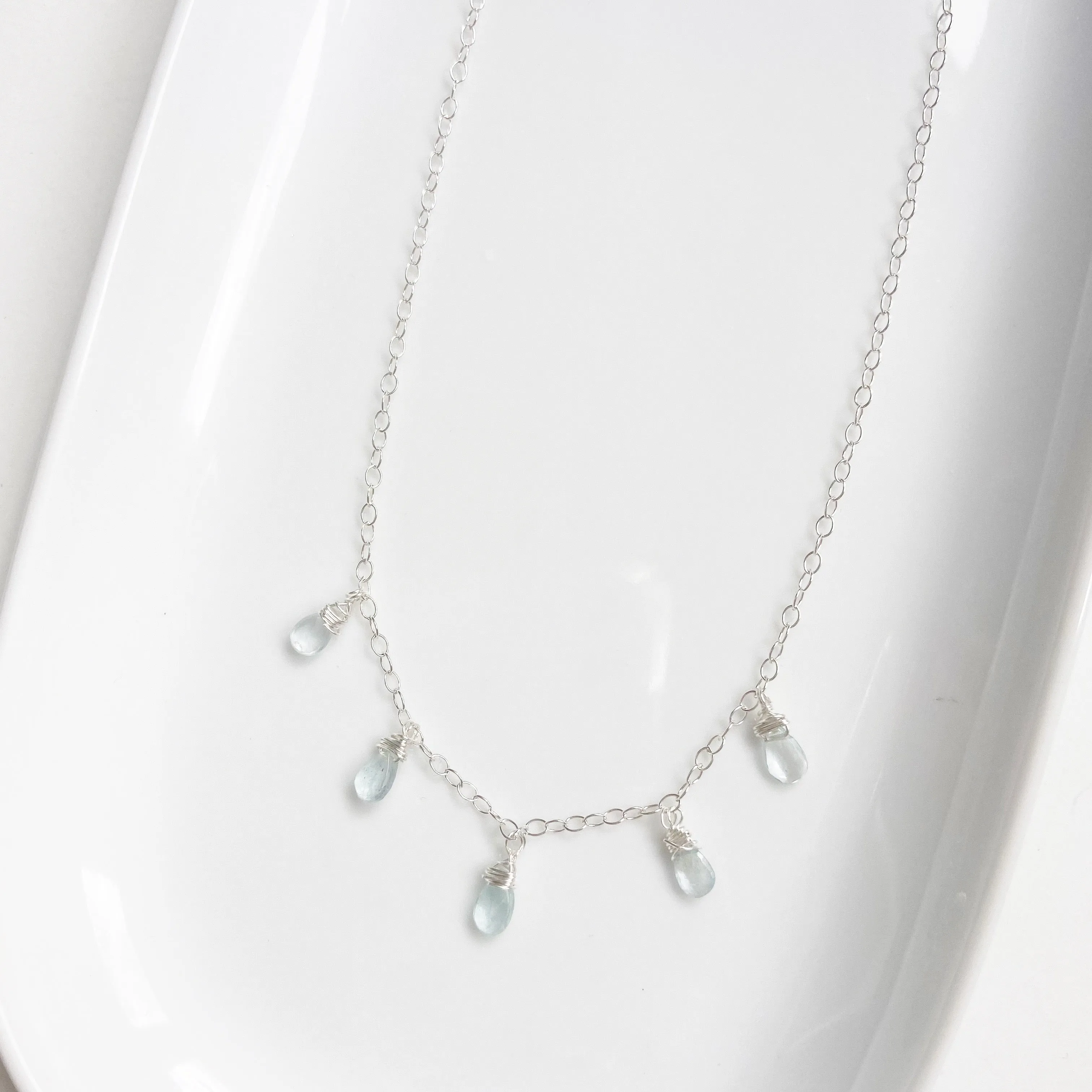 Aquamarine Teardrop Dangle Necklace in Gold or Silver (16 inches)