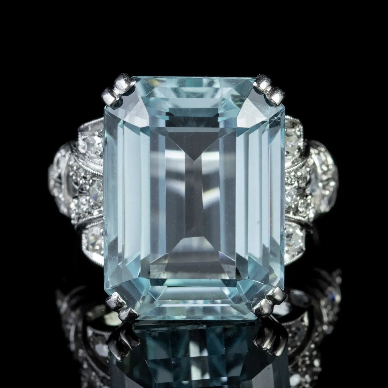 Art Deco 14.89Ct Aquamarine Diamond Ring Platinum Circa 1920