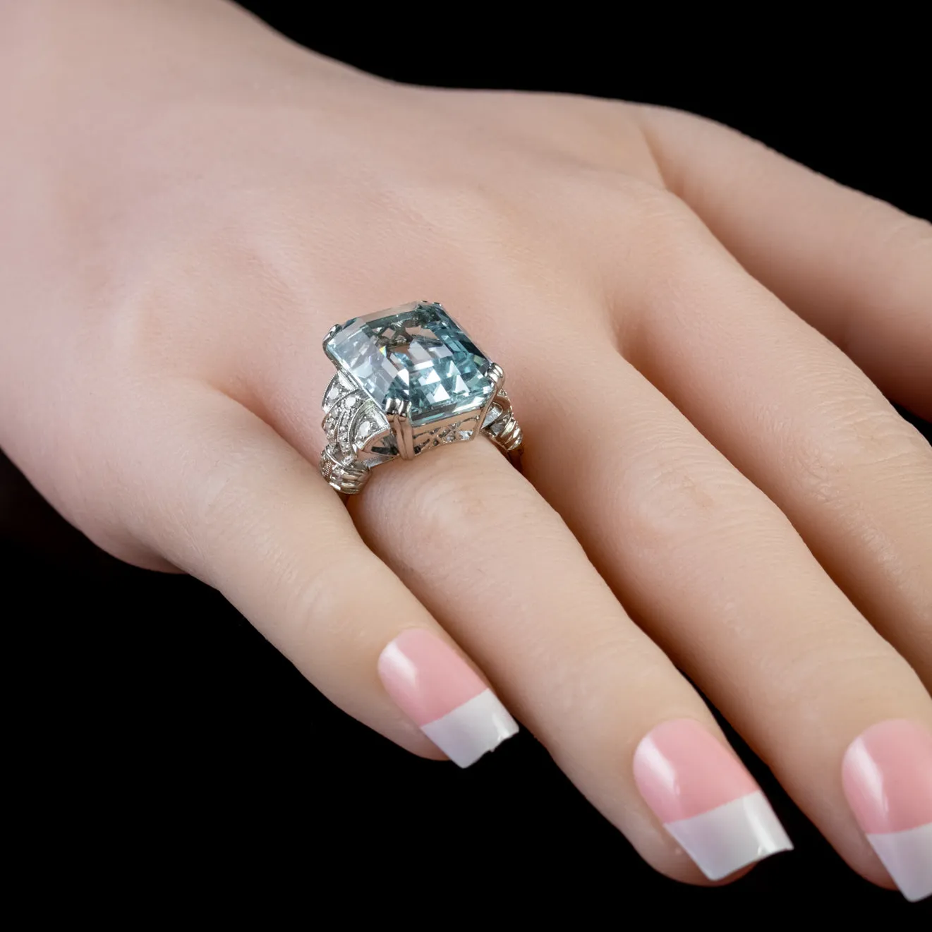 Art Deco 14.89Ct Aquamarine Diamond Ring Platinum Circa 1920