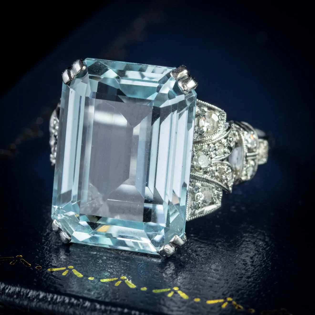 Art Deco 14.89Ct Aquamarine Diamond Ring Platinum Circa 1920