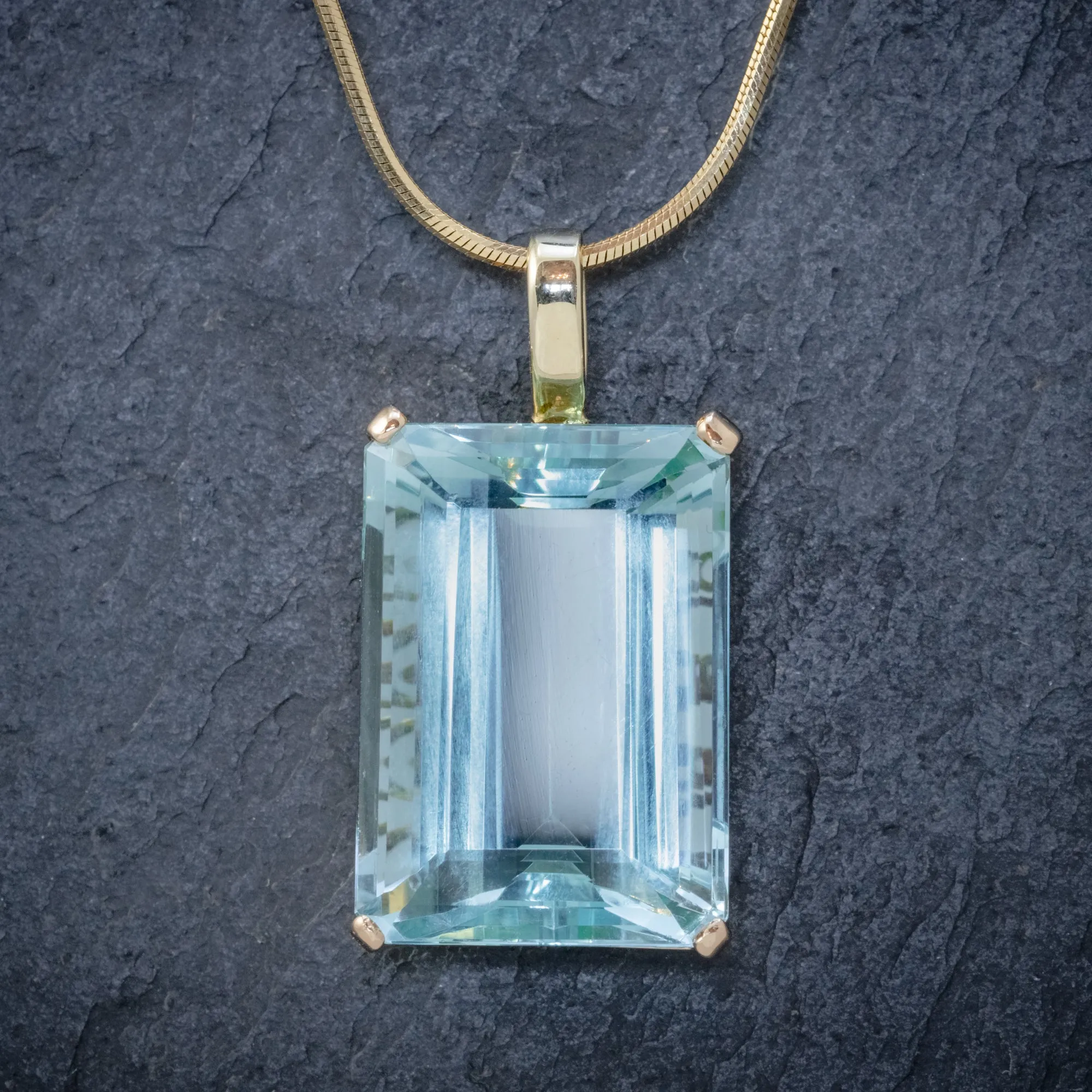 Art Deco Aquamarine Pendant Necklace 30Ct Emerald Cut Aqua 14Ct Gold