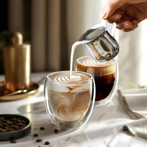 Ash & Roh Double Wall Glass Coffee Mugs Clear Insulated Coffee Glass, Cappuccino Cups Double Wall Thermal Insulated Glass Coffee Mugs Transparent Drinking Glasses Tea Cups for Latte 330 ML (2 pcs)