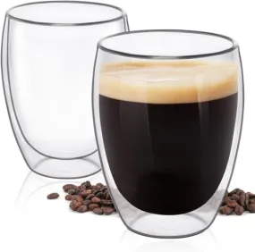 Ash & Roh Double Wall Glass Coffee Mugs Clear Insulated Coffee Glass, Cappuccino Cups Double Wall Thermal Insulated Glass Coffee Mugs Transparent Drinking Glasses Tea Cups for Latte 330 ML (2 pcs)