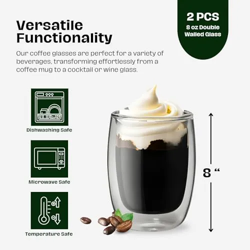 Ash & Roh Double Wall Glass Coffee Mugs Clear Insulated Coffee Glass, Cappuccino Cups Double Wall Thermal Insulated Glass Coffee Mugs Transparent Drinking Glasses Tea Cups for Latte 330 ML (2 pcs)