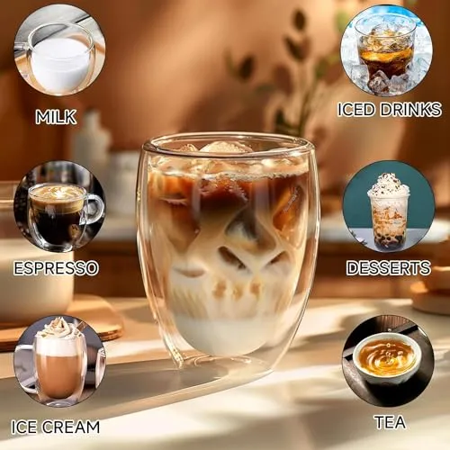 Ash & Roh Double Wall Glass Coffee Mugs Clear Insulated Coffee Glass, Cappuccino Cups Double Wall Thermal Insulated Glass Coffee Mugs Transparent Drinking Glasses Tea Cups for Latte 330 ML (2 pcs)