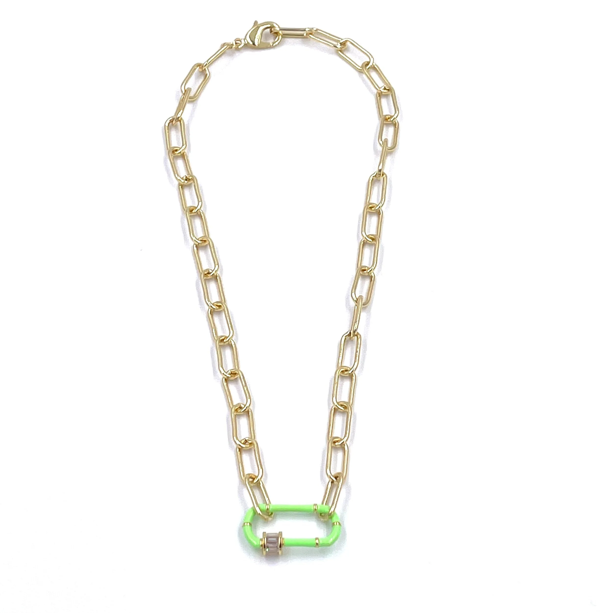 Ashley Gold Stainless Steel Gold Plated Green Enamel Lock Necklace