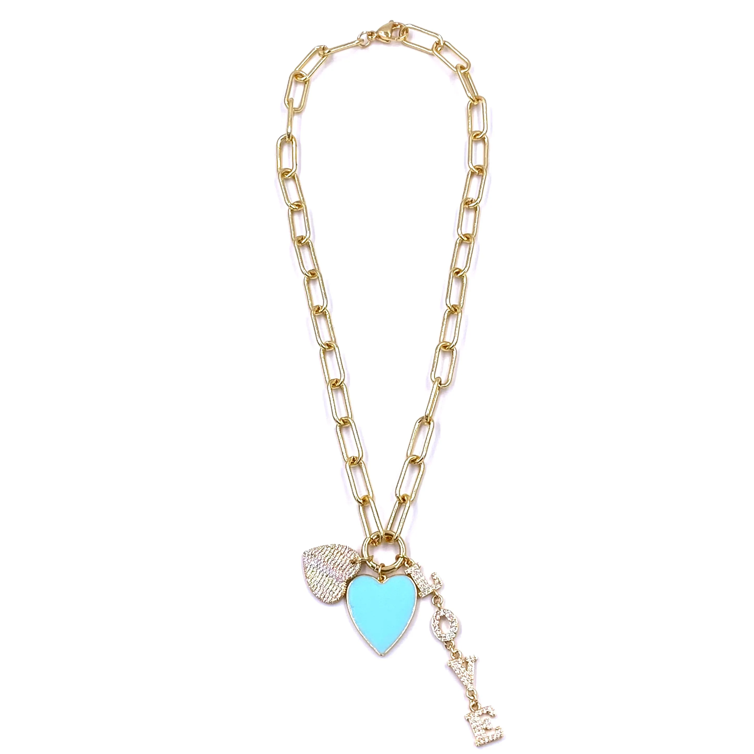 Ashley Gold Stainless Steel Gold Plated Triple Powder Blue Enamel Charm Necklace