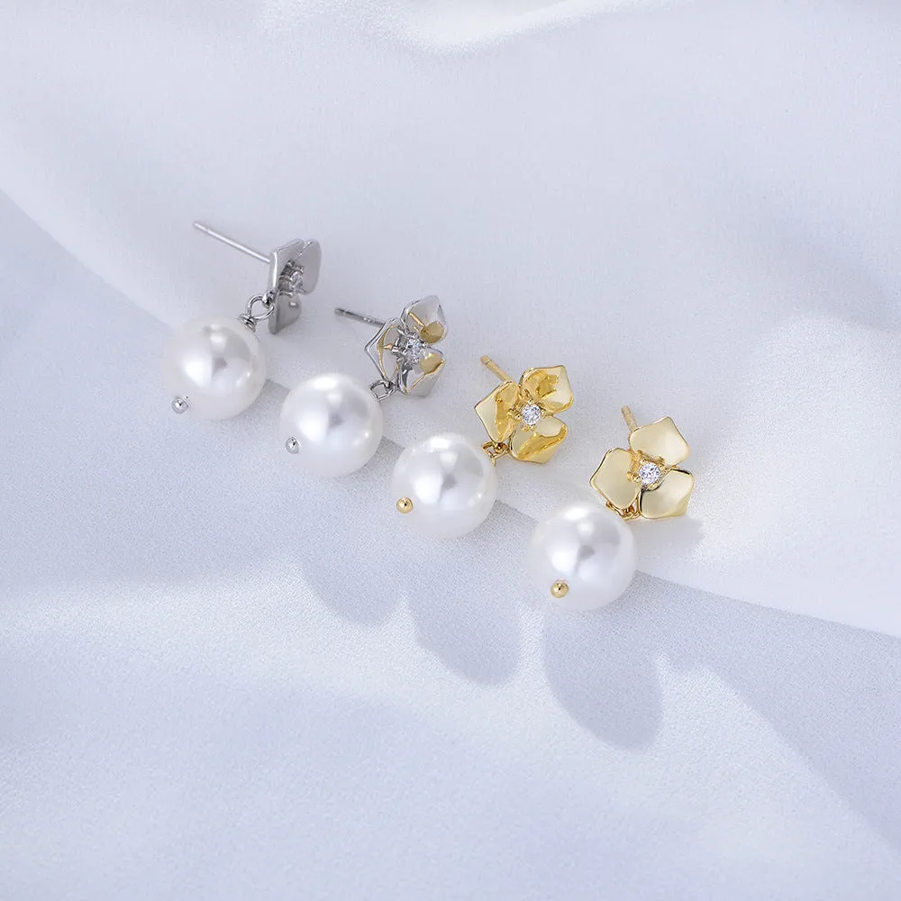 Ball Pearl with Flower Silver Drop Earrings for Women