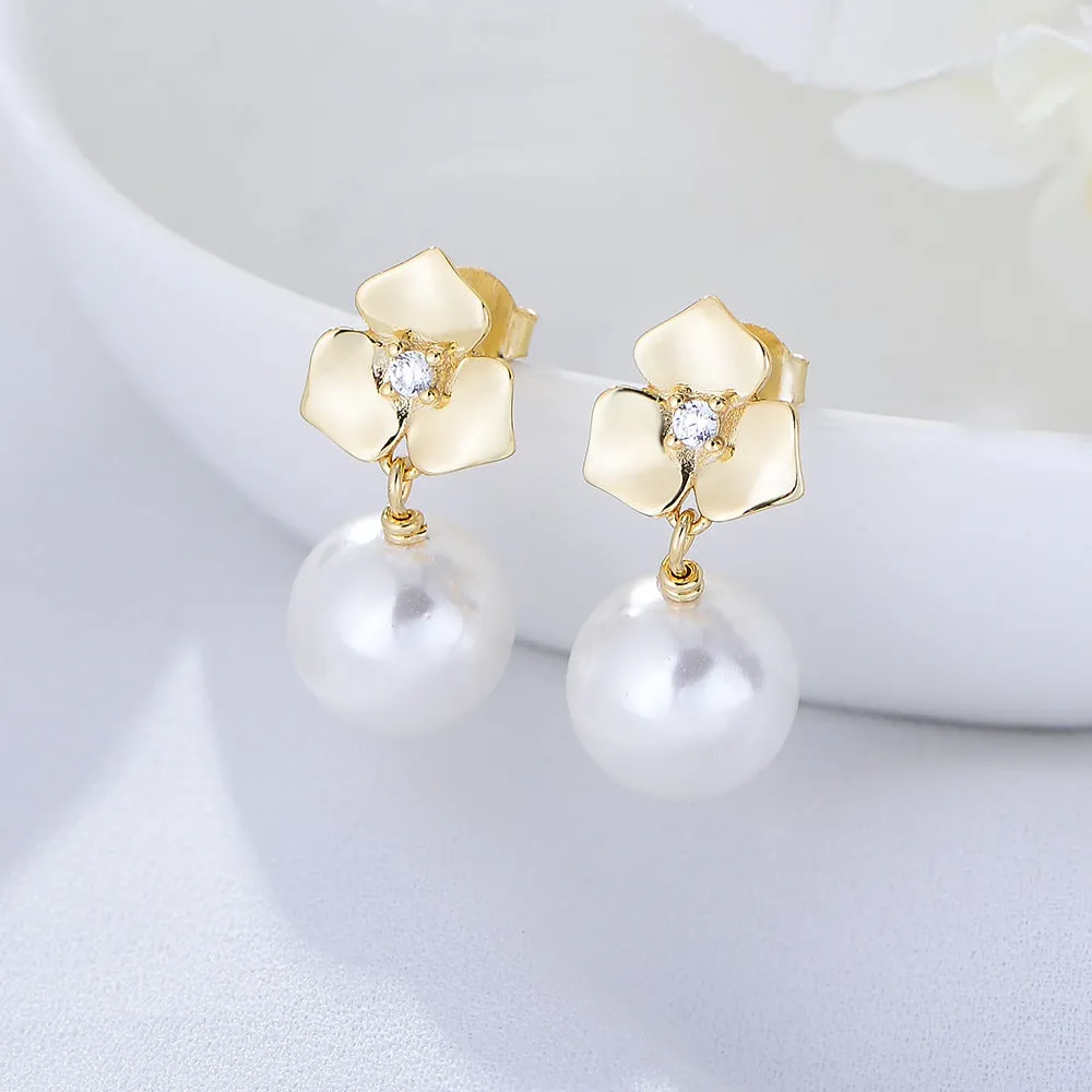 Ball Pearl with Flower Silver Drop Earrings for Women