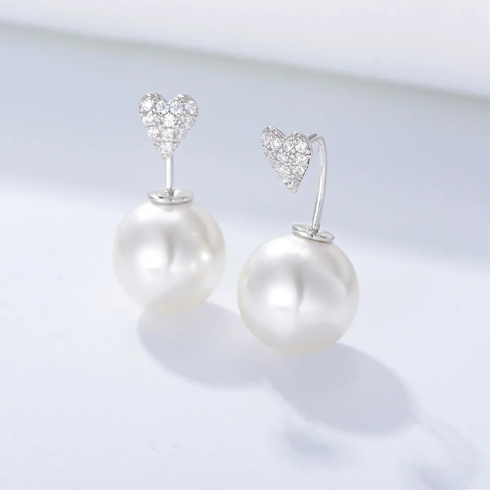 Ball Pearl with Heart-shape Zircon Silver Drop Earrings for Women