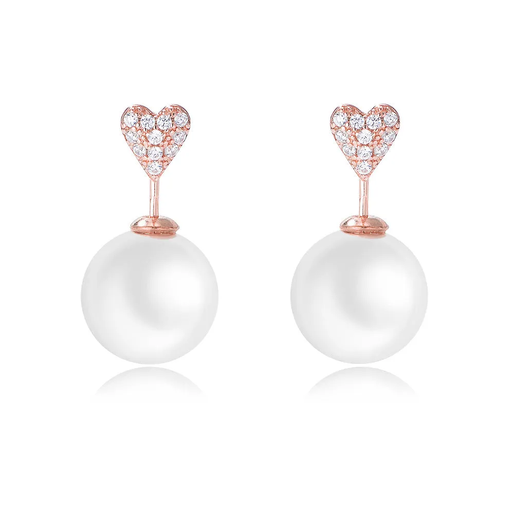 Ball Pearl with Heart-shape Zircon Silver Drop Earrings for Women