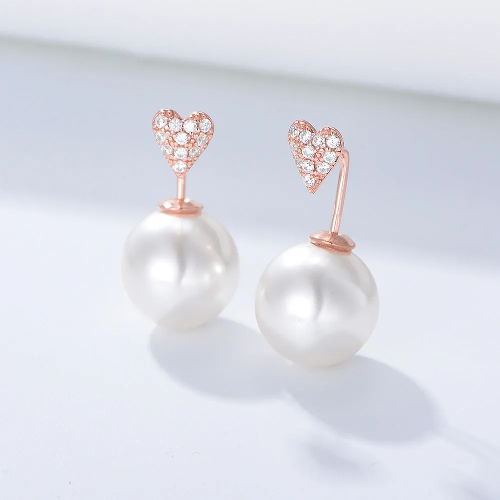 Ball Pearl with Heart-shape Zircon Silver Drop Earrings for Women