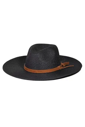 Black Wide Brim Straw Fedora Hat with Brown Belt