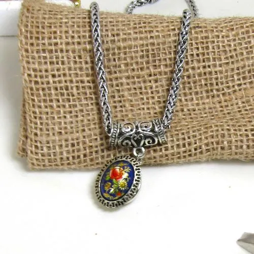 Blue & Red Flower  Pendant Necklace