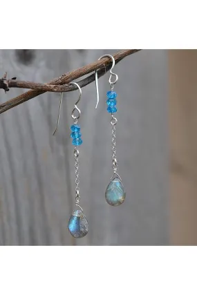 Blue Apatite, Labradorite Gemstone Long Earrings