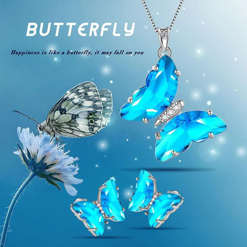 Blue Butterfly Jewelry Set 3PCS March Aquamarine Birthstone Women Girls Birthday Gifts