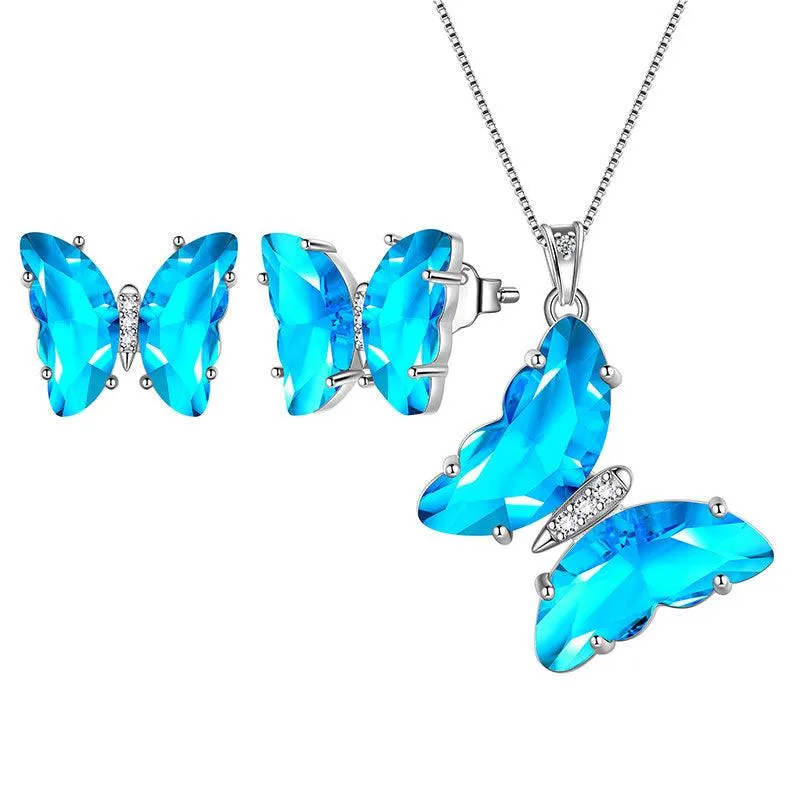 Blue Butterfly Jewelry Set 3PCS March Aquamarine Birthstone Women Girls Birthday Gifts