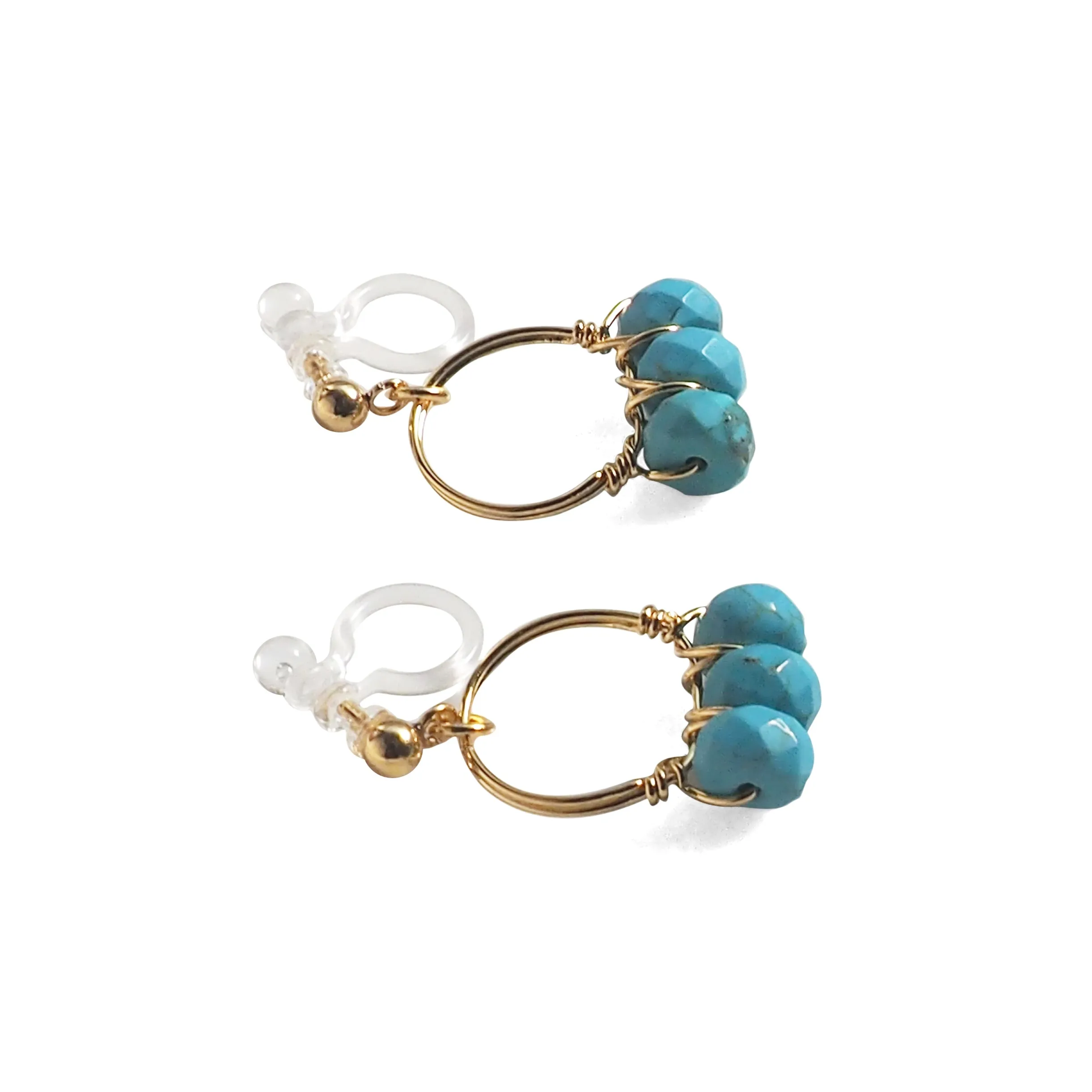 Blue Turquoise Gold Hoop Invisible Clip On Earrings