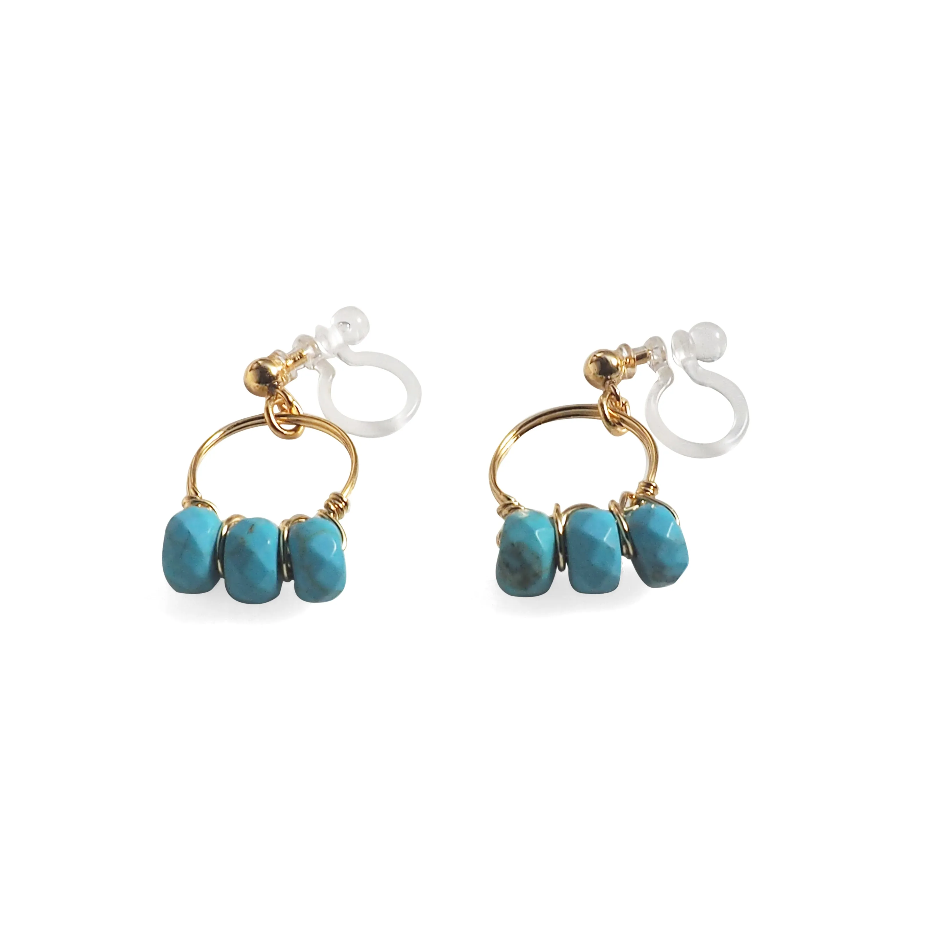 Blue Turquoise Gold Hoop Invisible Clip On Earrings