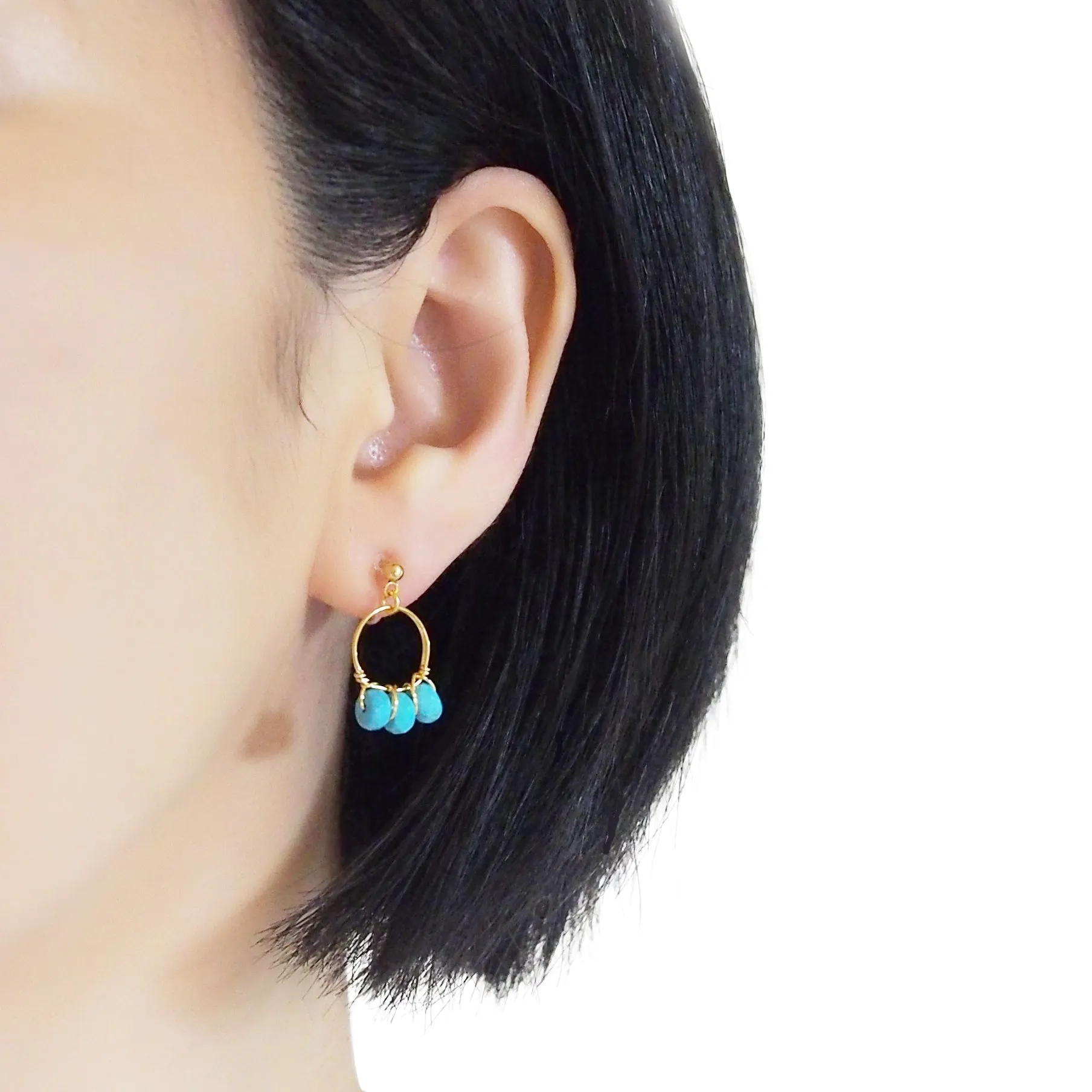 Blue Turquoise Gold Hoop Invisible Clip On Earrings