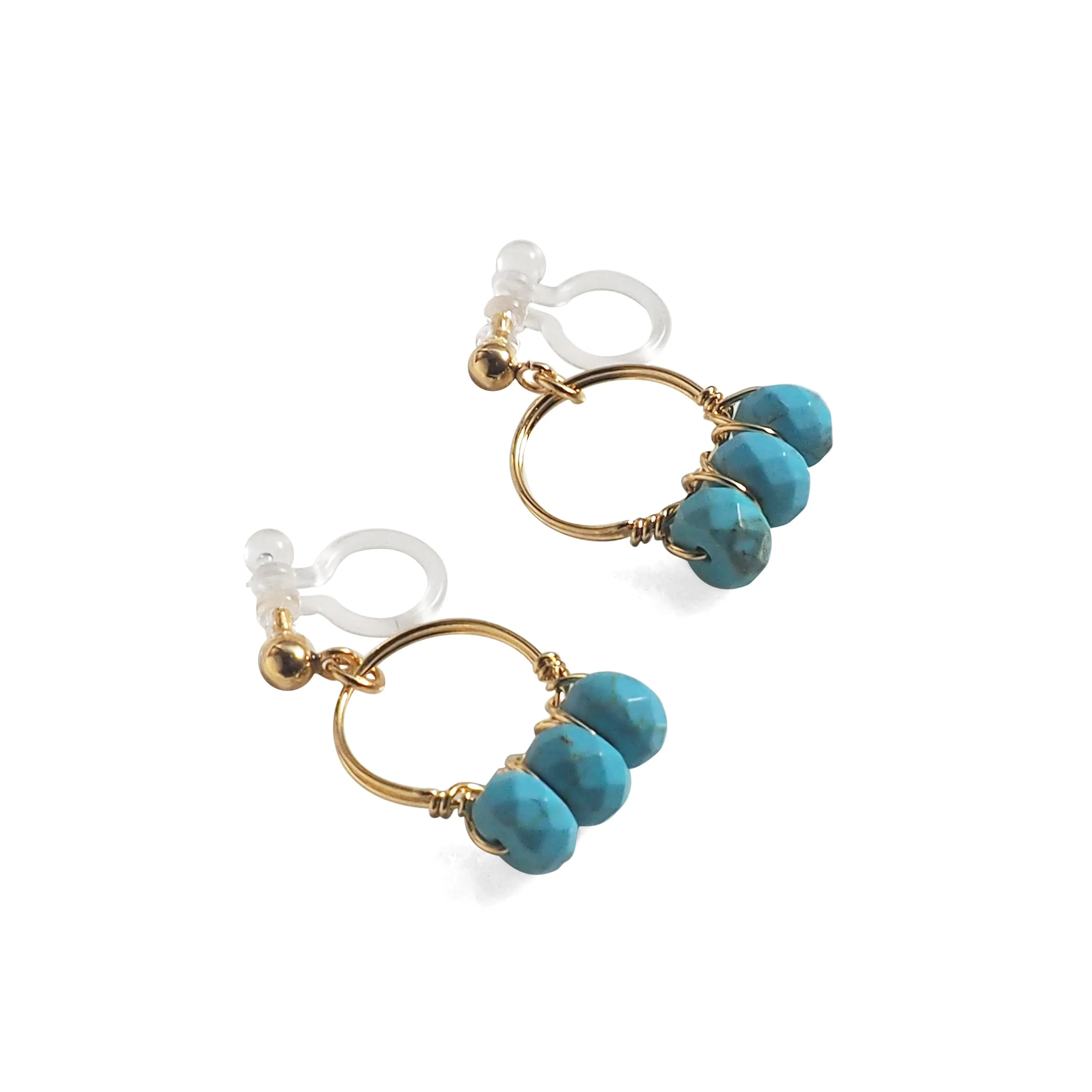 Blue Turquoise Gold Hoop Invisible Clip On Earrings