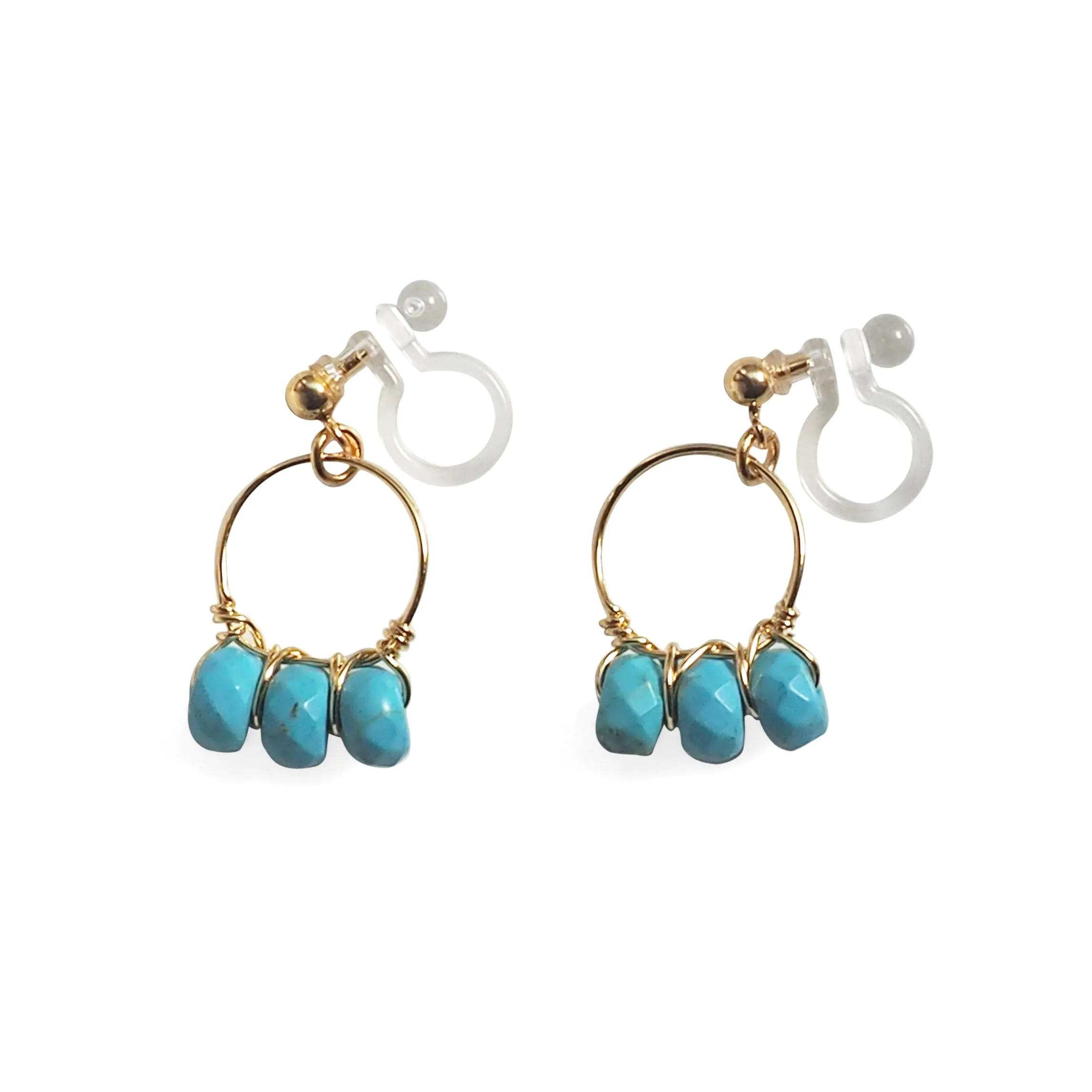 Blue Turquoise Gold Hoop Invisible Clip On Earrings